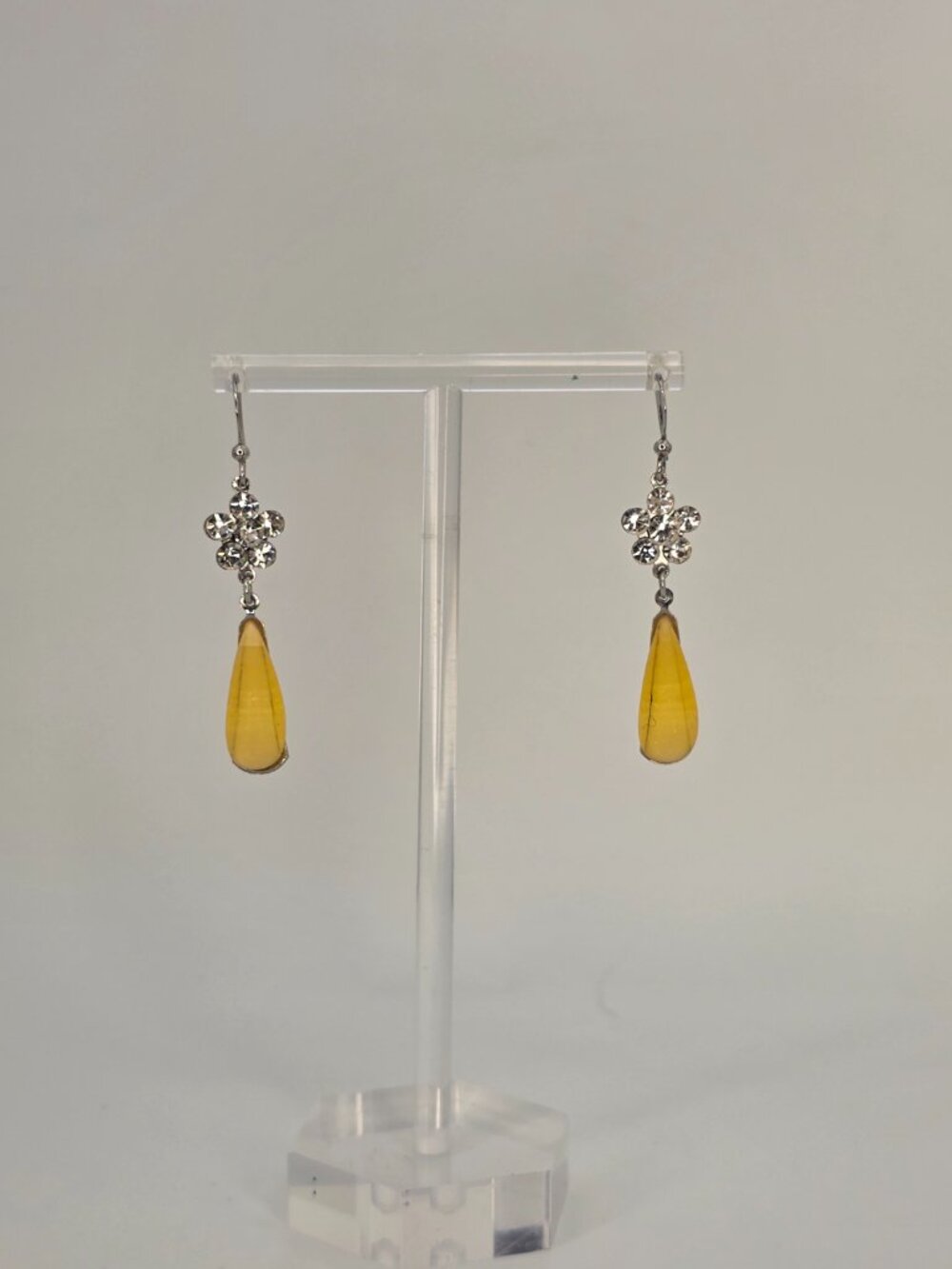 Yellow Teardrop Rhinestone Flower Dangle Earrings Silver Tone - Picture 2 of 4